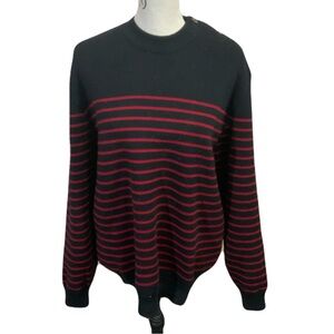 Saint James Black Crewneck Sweater with Red Stripes